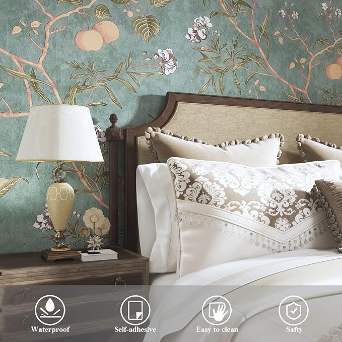 Laatse Green Floral Wallpaper Peel and Stick Bird Wallpaper 17.5" x 393"