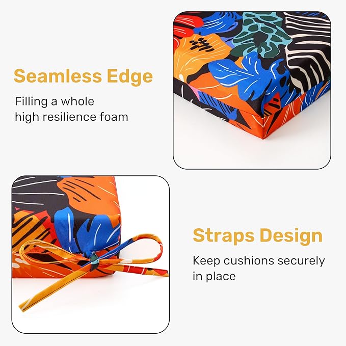 UNIKOME Outdoor Chair Cushions Pack of 4, Water Resistant Patio Cushions with Ties, High Density Sponge Filling Square Corner Seat Cushions for Outdoor Furniture, 18.5"*16"*3", Colored Flower