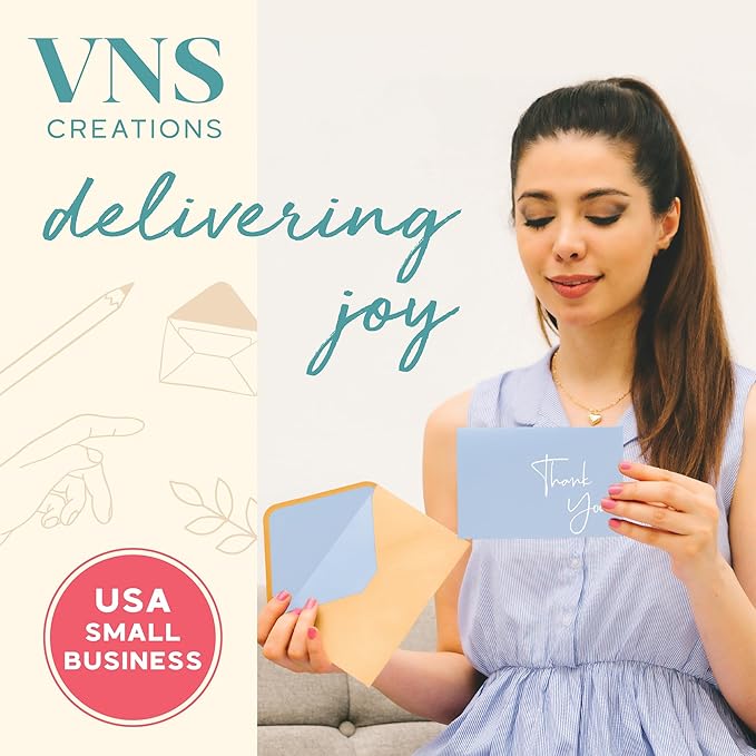 VNS Creations Thank You Cards With Envelopes Bulk Set & Stickers - 100 Pack 4x6 Blank Thank You Notes Bulk Box Set - Large Note Card Small Business, Wedding, Baby Shower & Bridal Shower - Light Blue