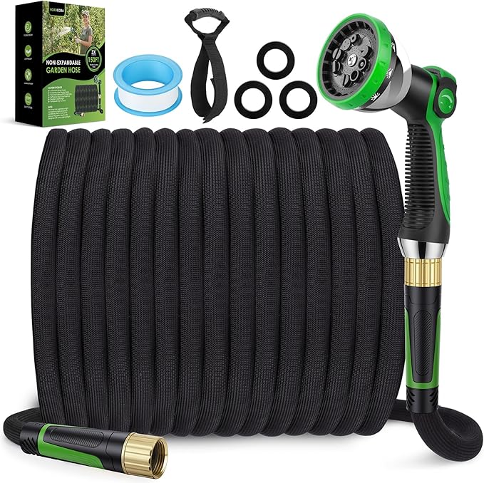 Garden Hose 150 ft, Non-Expandable Ultra-Lightweight Flexible Hose with 360° Dual-End Anti-Kink Design, 10-Pattern Spray Nozzle, 500 PSI Leak-Proof, 96-Strand Braided Fabric, Storage Strap