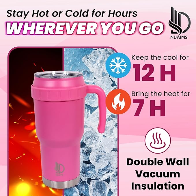 40 Oz Tumbler with Handle & Straw Lid, Insulated Stainless Steel Vacuum Flask, Double Wall Thermal Car Cup for Hot & Cold Drinks, Leak Proof, BPA Free (Rose Pink)