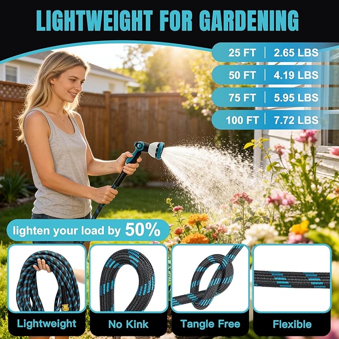 Gardentime 25FT Non-Expandable Garden Hose, Heavy Duty Flexible Water Hose with Leakproof 3/4" Fittings 10 Modes Spray Nozzle, Kink-Free, Lightweight & Durable for Yard, Lawn, Garden & Outdoor Use