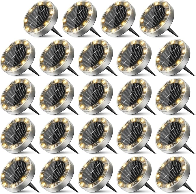 Peasur Solar Ground Lights Outdoor, 24 Pack Flat Solar Powered Disc Lights, IP68 Waterproof, Anti-Rust, Landscape Lighting for Pathway Garden Yard Lawn Walkway Landscape Driveway, Warm White