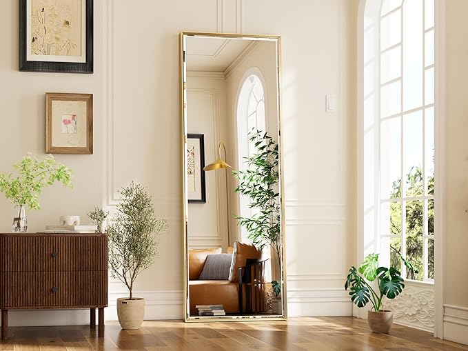 16''x 60'' Tall Brushed Gold Bathroom Mirror, Beveled Gold Frame Mirror