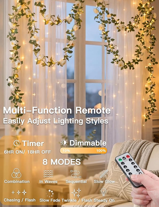 suddus Flower Garland with White Camellia Fairy Lights Indoor, 60 LED Vines