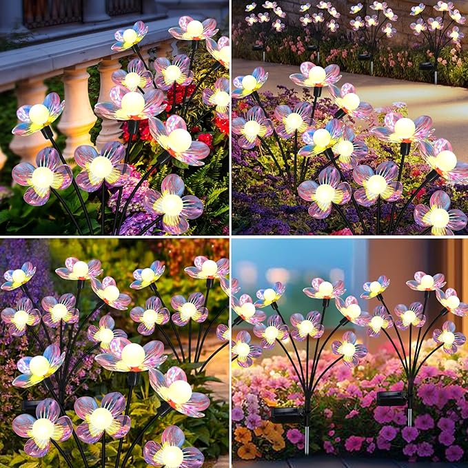 NBQQ Solar Garden Lights Outdoor, Swaying Light Waterproof Solar Lights Outdoor for Yard Pathway Patio, Swaying Lawn Decor as Gardening Gifts for Women Holiday (Warm White-Flowers, 4 Pack)