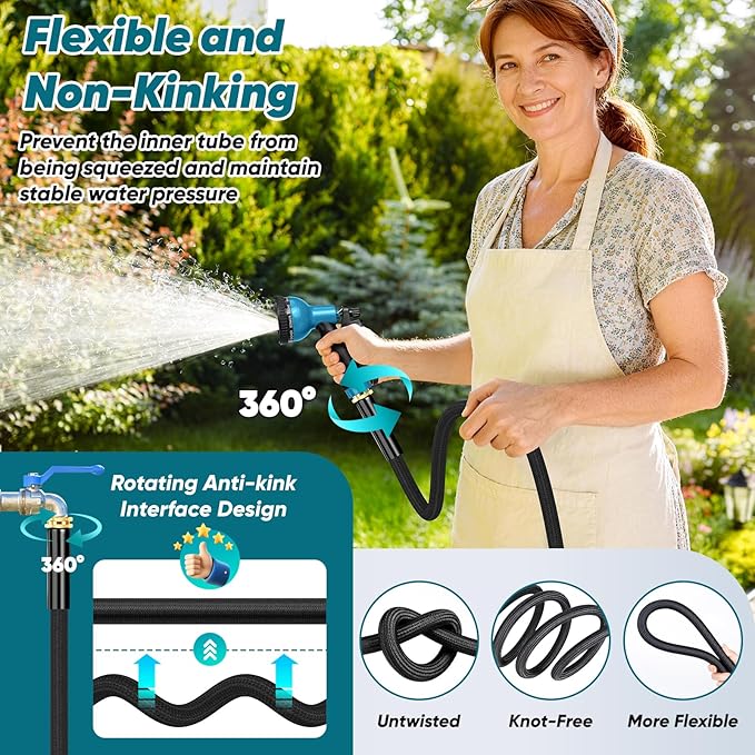 Garden Hose 50FT Non-Expanding, Lightweight Hose With 10-Function Nozzle, Leak-Proof, No-Knot, Easy to Carry, Wear-Resistant, Sturdy 3/4GHT Flexible Water Hose for Yard Garden (Light black)