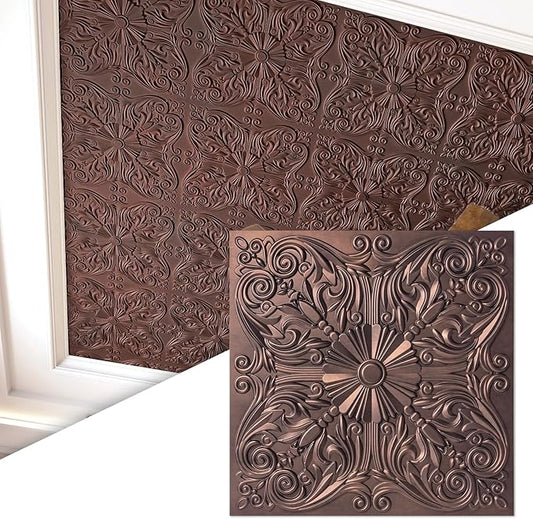 Art3d 12-Pack PVC Drop Ceiling Tiles, 2ft x 2ft, Floral Rose Copper