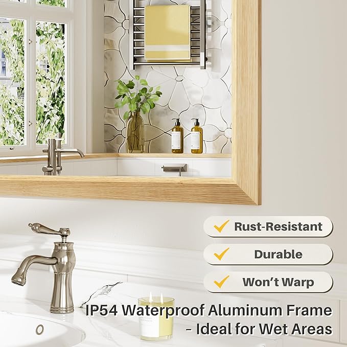 60x40 Inch Bathroom Mirror for Wall, Anti-Rust Oak Wood Grain Metal Framed