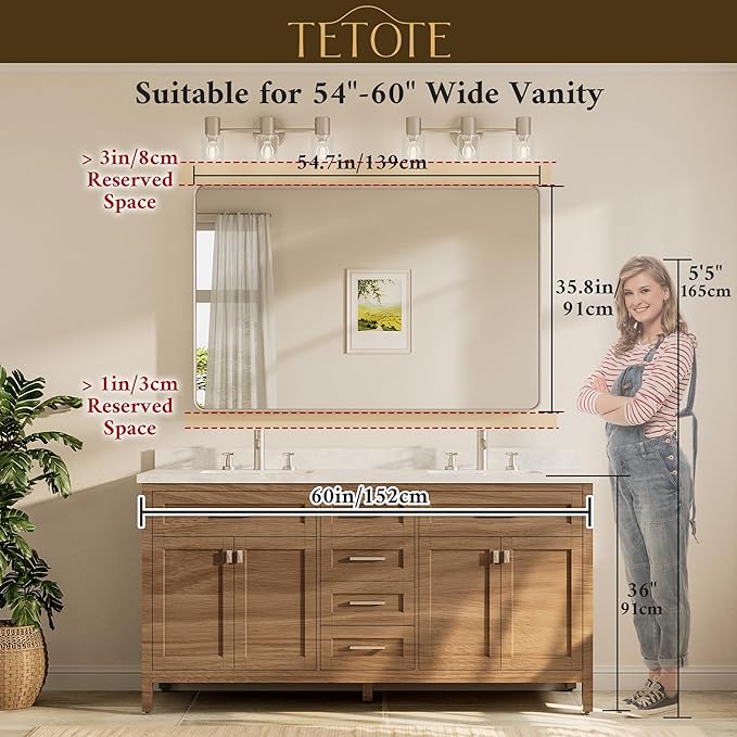 TETOTE 55 x 36 Inch Bathroom Mirror, Brushed Brass Gold Vanity Mirror, Modern
