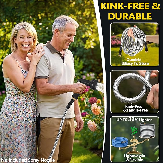 50 ft Stainless Steel Garden Hose - 2026 New Upgraded Metal Water hose - Flexible Water Hoses Pipes with Latex Core, 3/4" Solid Brass Connector - No-Expandable Watering Garden Hoses