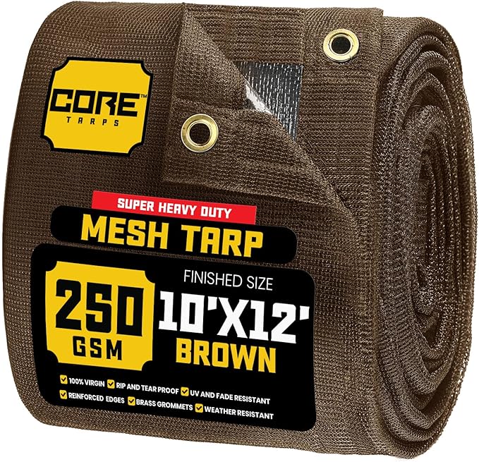 Core Tarps 60% Brown Shade Cloth with Grommets - 10 X 12 FT Heavy Duty Mesh Tarp - Sun Shade Cloth for Garden Vegetables Plants Greenhouse Outdoors Backyard Fences Dump Trucks Patio Mesh Shade Tarp