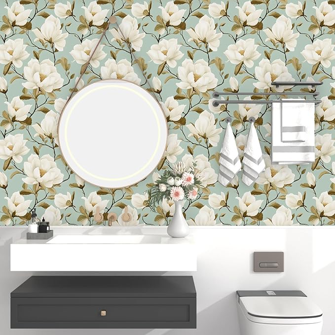Modern Green White Flowers Wallpaper Blue Floral Peel and Stick Contact Paper