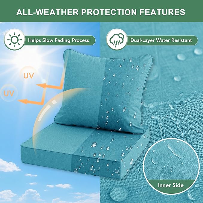 Summsun Faux Linen Outdoor Chair Cushions, Water Resistant Backrest and Deep Seat Cushion Set with Removable Cover, Straps, Non-Slip Bottom for Patio Furniture, 24 x 24 Inch, Teal, Set of 4