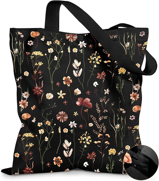 Miss Adola Canvas Tote Bag for Women â Aesthetic Canvas Bag with Zipper Cute Stylish Reusable Shoulder Totes for Shopping Work Daily Vacation, Black Grow Flower