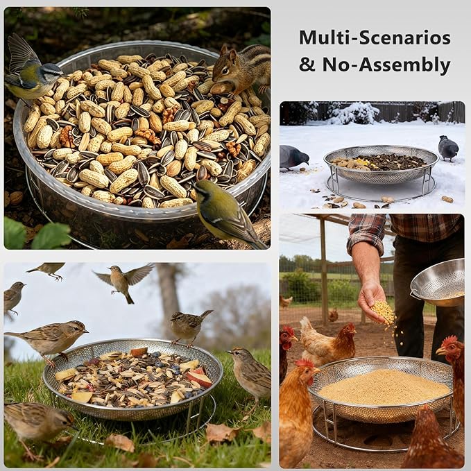 13-Inch Ground Bird Feeder and Bath Combo, Stainless Steel Ground Feeding Platform for Birds & Squirrels, with Dual Birdseed Mesh Trays, Birdbath, Attracting Creatures to Backyard, Patio