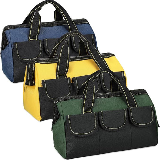 Sanwuta 3 Pack Tool Bag for Men with Waterproof Hard Bottom, Heavy Duty Tool Bag Wide Mouth Tote for Various Instrument, Electrician Carpenter Mechanic(Blue, Yellow, Army Green,13 Inch,Classic)