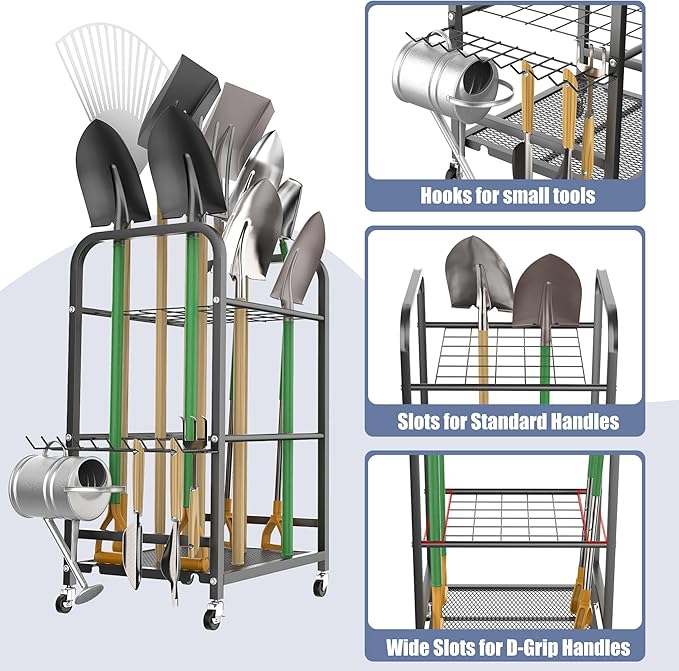 WALMANN Garden Tool Organizer with Wheels for Garage, Rakes/Shovels/Yard Tools Stand for Garden, Shed, Indoor/Outdoor Long-Handled Tools Rolling Cart(Small)