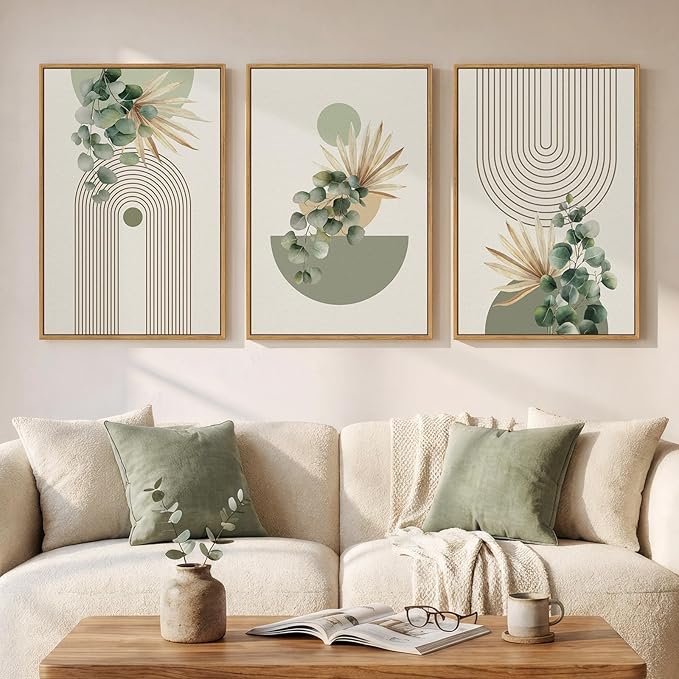 Framed Green Boho Wall Art for Living Room, 3 Piece Bohemian Botanical Canvas
