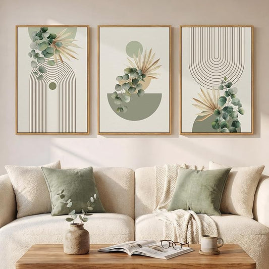 Framed Green Boho Wall Art for Living Room, 3 Piece Bohemian Botanical Canvas