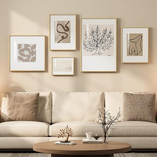 Framed Matisse Abstract Neutral Wall Art, 5 Piece Large Beige Canvas Prints Set
