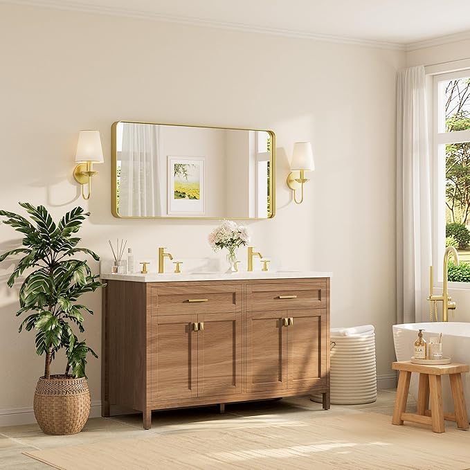 TETOTE 48 x 24 Inch Brushed Gold Frame Mirror, Brass Bathroom Vanity Mirror