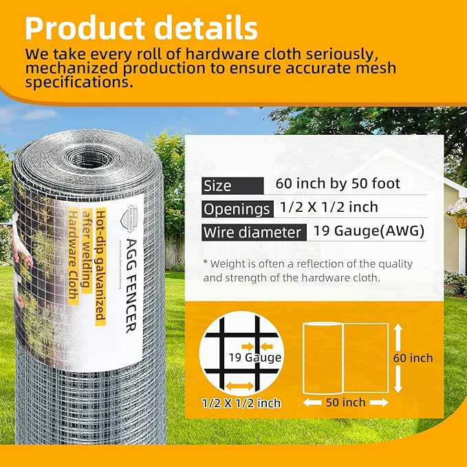 60inch x 50ft Hardware Cloth 1/2 inch Chicken Wire Fencing 19Ga, Hot Dipped Galvanized After Welding Garden Plant Supports Welded Metal Chicken Wire Fence Poultry Animal Netting Cage Screen