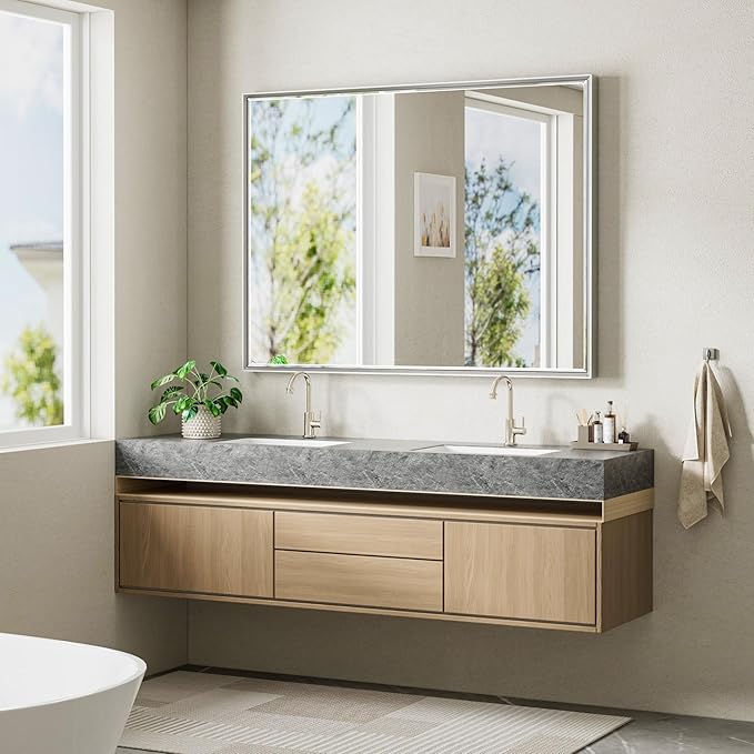 48 x 36 Silver Bathroom Mirror, Large Beveled Silver Bathroom Vanity Mirror