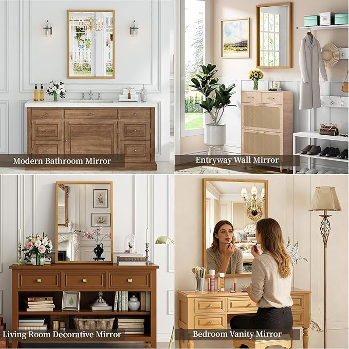 Syndra Natural Wood Frame Bathroom Mirror, 24x36'' Modern Vanity Mirror