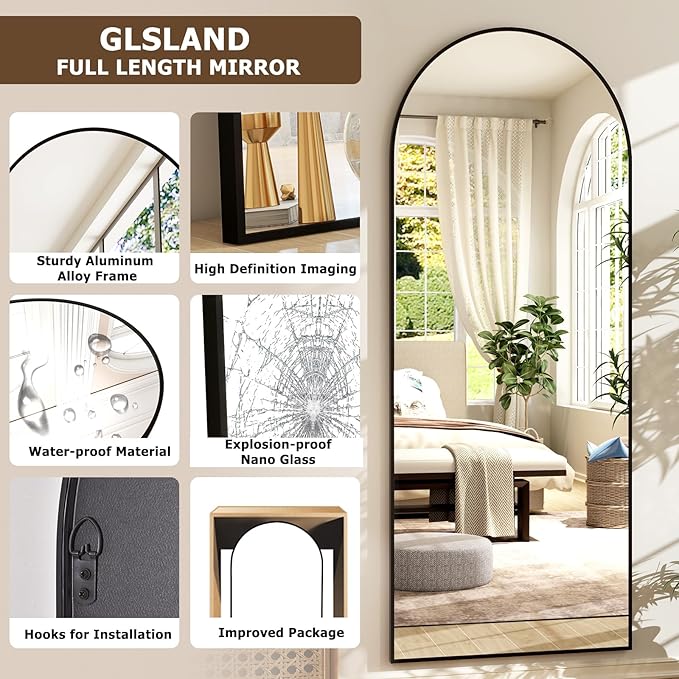 GLSLAND-21x64 inch Arched Full Length Mirror-Aluminum Alloy Frame High