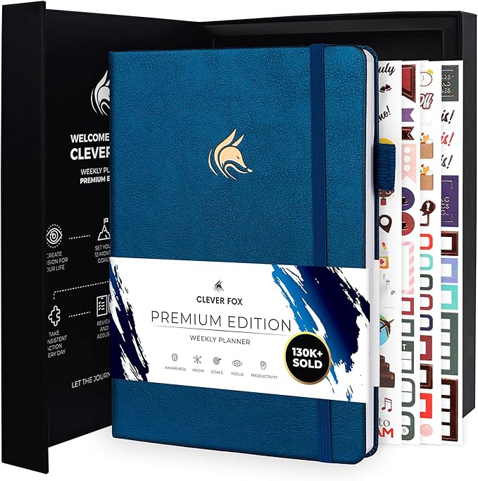 Clever Fox Planner Premium Edition – Undated Luxurious Weekly & Monthly Planner to Increase Productivity and Hit Your Goals – Organizer – Start Anytime, A5, Lasts 1 Year, Mystic Blue (Weekly)
