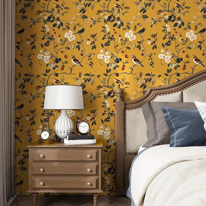 Laatse Vintage Bird Wallpaper 17.5"x118" Yellow Chinoiserie Floral Wallpaper