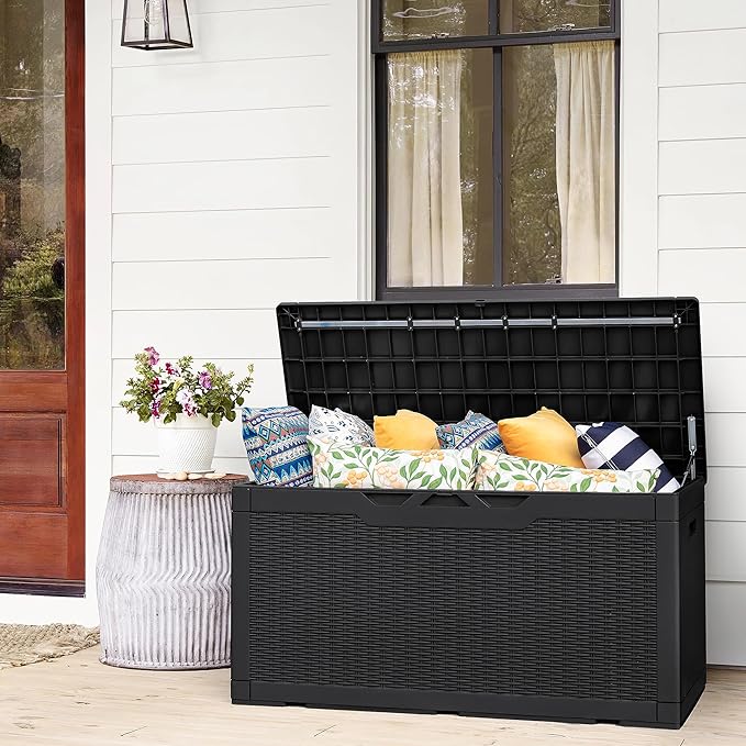 Flamaker Deck Box with Cushion 98 Gallon Waterproof Resin Storage Box with Air Rod Indoor Outdoor Lockable Storage Bench for Patio Furniture, Tools, Pool Accessories (Black)