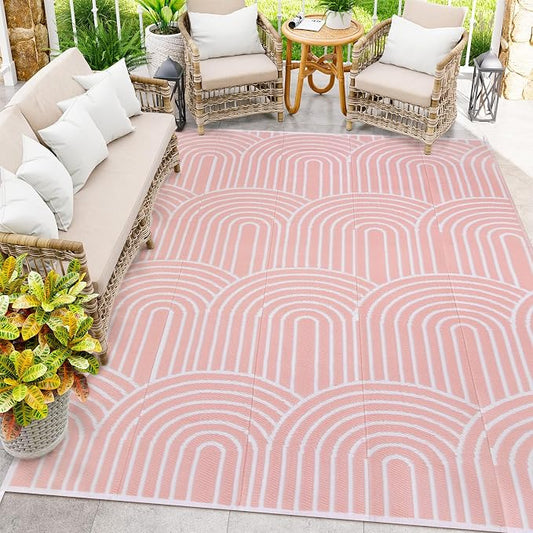 Anidaroel Rainbow Patio Rugs Outdoor 8âX10â Waterproof, Reversible Camping Rug for Outside RV, Portable Plastic Straw Outdoor Area Rug for Backyard, Garden, Pool Deck (Pink, 8âX10')
