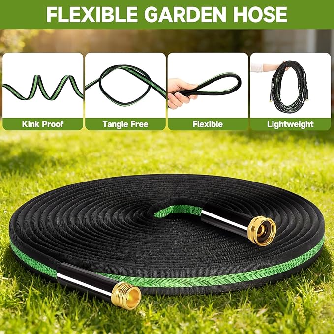 Garden Hose 25 ft Flexible Non-Expandable Water Hose Kink-Free Lightweight Leak-Proof High Pressure Durable Outdoor Portable Fabric Hoses Pipe with 3/4” Sturdy Fittings for Yard Lawn Car Wash