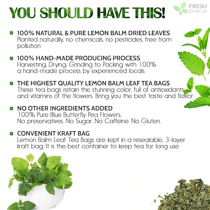 FreshDrinkUS, Premium 120 Lemon Balm Leaf Tea Bags, 100% Natural & Pure from Lemon Balm Leaves. Loose Leaf Herbal Te. No Sugar, No Caffeine, No Gluten, Vegan.