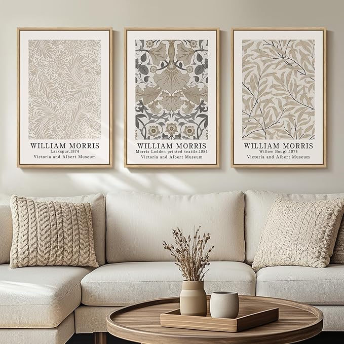 Framed Large William Morris Canvas Wall Art Set of 3, Vintage Neutral Botanical