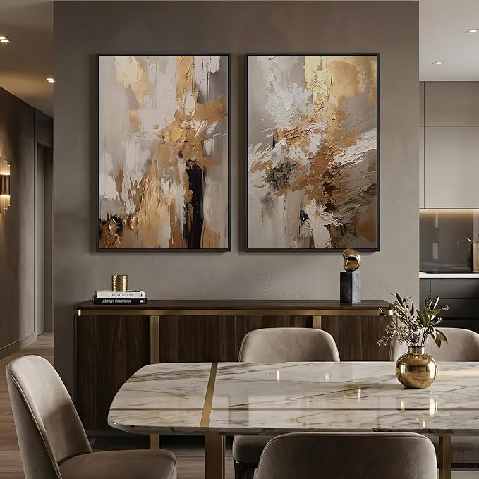 Large Framed Neutral Abstract Wall Art, 2 Piece Modern Canvas Prints Paintings