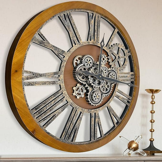 The B-Style Large Real Moving Gears Wall Clock 30 inch Rustic Retro Industrial