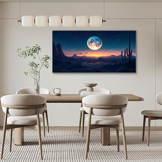 JLXART Moon Wall Decor Canvas Prints Desert Landscape Wall Art Night Boho Cactus Nature Paintings Modern Mountain Pictures For Living Room 30X58inch