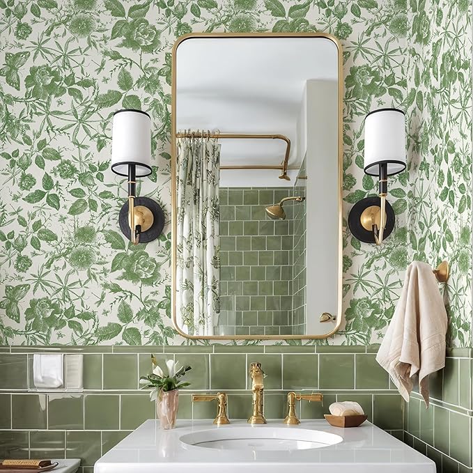 JiffDiff Floral Vintage Wallpaper Peel and Stick，Green Rose Wallpaper Removable