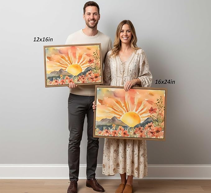 Framed Boho Sun Canvas Wall art Mid-Century Modern Abstract Bohemian Sunset in