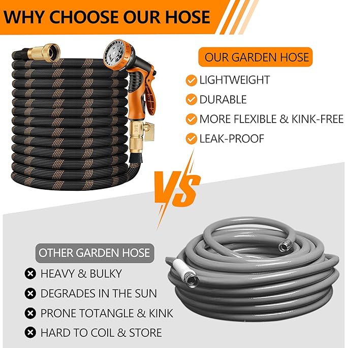 Flexible Garden Hose 100 FT, Ultra Lightweight Water Hoses w/10 Function Sprayer and 3/4" Brass Fittings, Kink-Free, Sturdy, Abrasion Resistant for Yard, Lawn, Outdoor and Gardening(Black Orange)