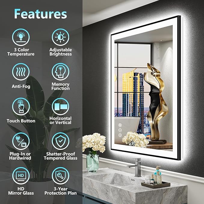 24x36 Black Framed LED Bathroom Mirror
