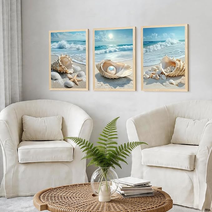 SYWENNOI 3 Piece Wood Framed Beach Wall Art, Sandy Shore, Pearl in Shell