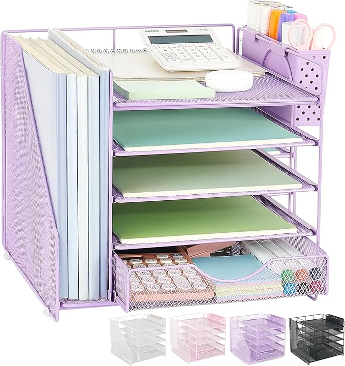 OUTIOE Desk Organizer with Drawer and Pen Holder, 5-Tier Paper Letter Tray Organizer with File Holder, Suitable for Workspace Organizer Office Supplies Storage (Purple)