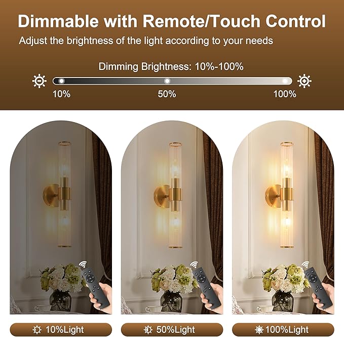 Morauroral Gold Battery Operated Wall Sconces Set of Two, Rechargeable Wall
