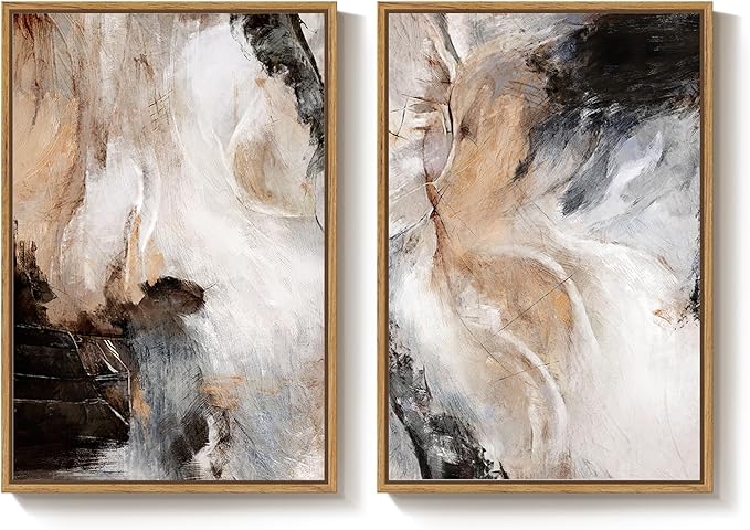 Large Framed Neutral Abstract Set of 2 Wall Art