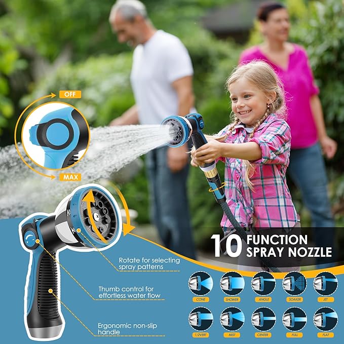 Non-Expandable Garden Hose 150 FT, Lightweight Hose with 10 Function Spray Nozzle, Kink-Free Flexible Water Hose, Durable, Leak-Proof, 360° Swivel Connectors, Portable Storage Strap