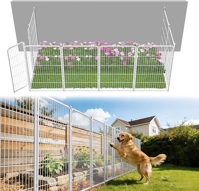FXW Garden Fence Outdoor for the Yard – 40in(H) x 18.2ft(L) Heavy Duty Metal Animal Barrier for Dog, No Dig Decorative Dog Fence, 8 Panels, White